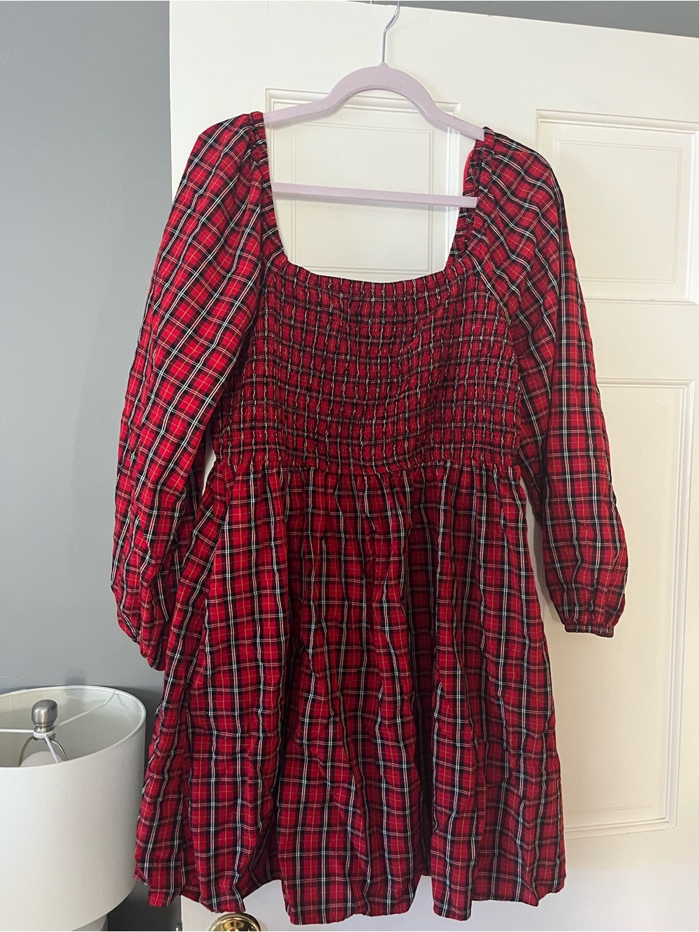 Old Navy Red Plaid Smocked Dress with Long Puff Sleeves, Holiday Dress